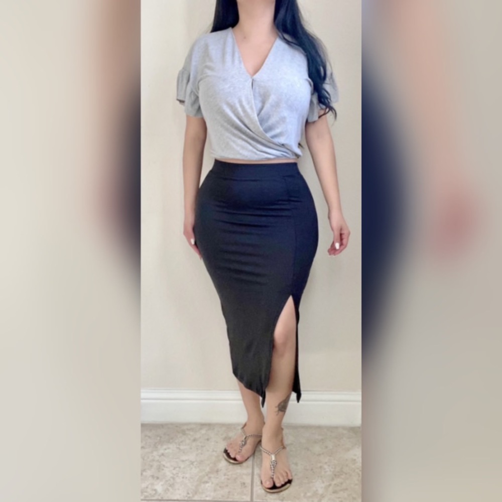 Black High Waist Slit Midi Skirt